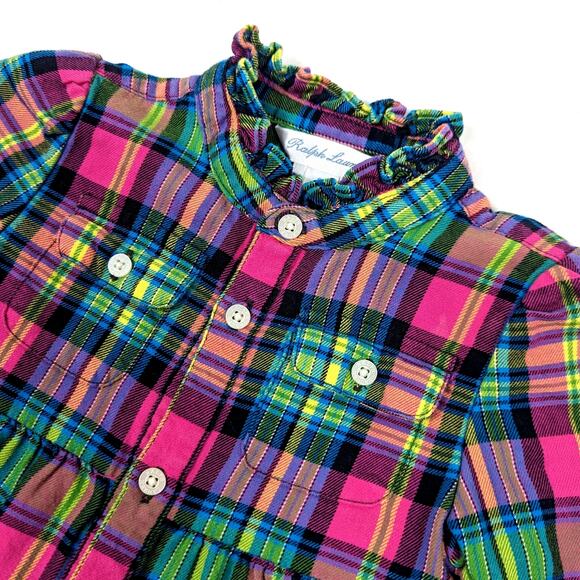 Ralph Lauren Dress Baby Girls Size 9m Pink Mixed Plaid Button Down Mock Neck - Picture 2 of 6